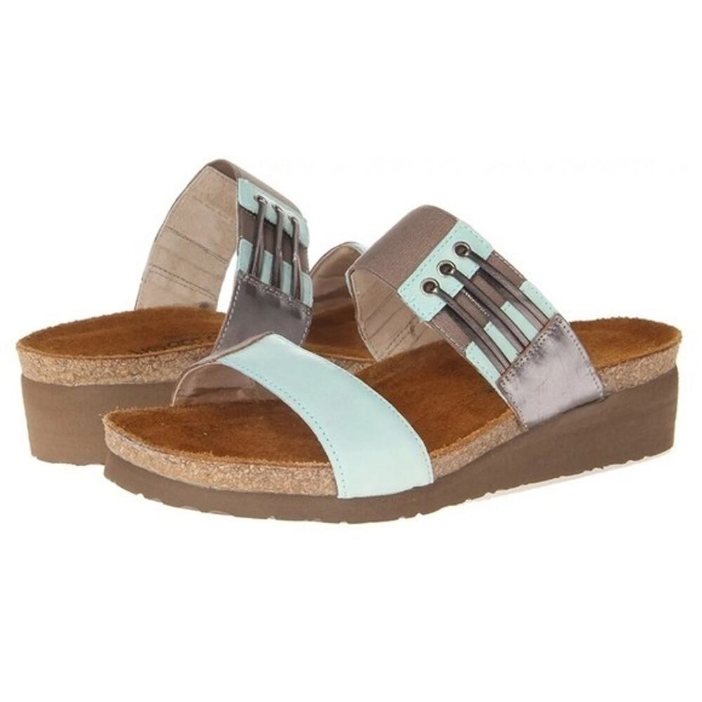 Naot Lena Sandal Slip On Slide Flat Leather Open Toe Two Strap Silver Blue 41 10